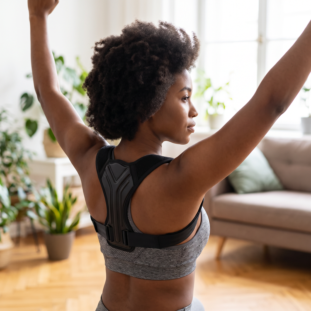 Woman stretching while wearing posture corrector brace