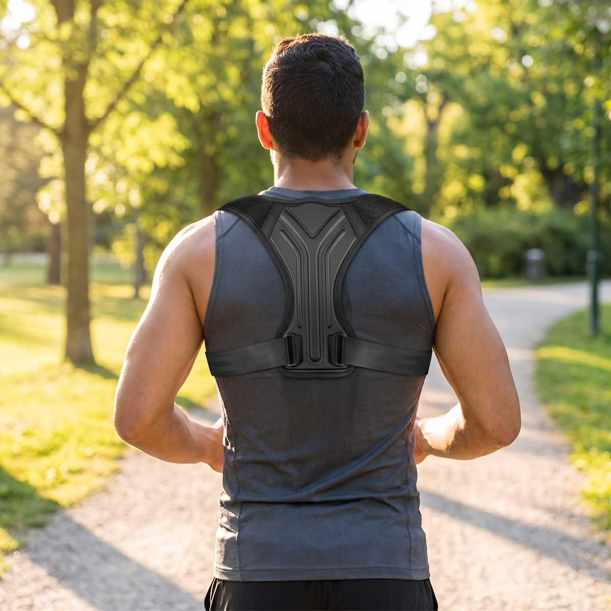 Man running outdoors wearing posture corrector brace