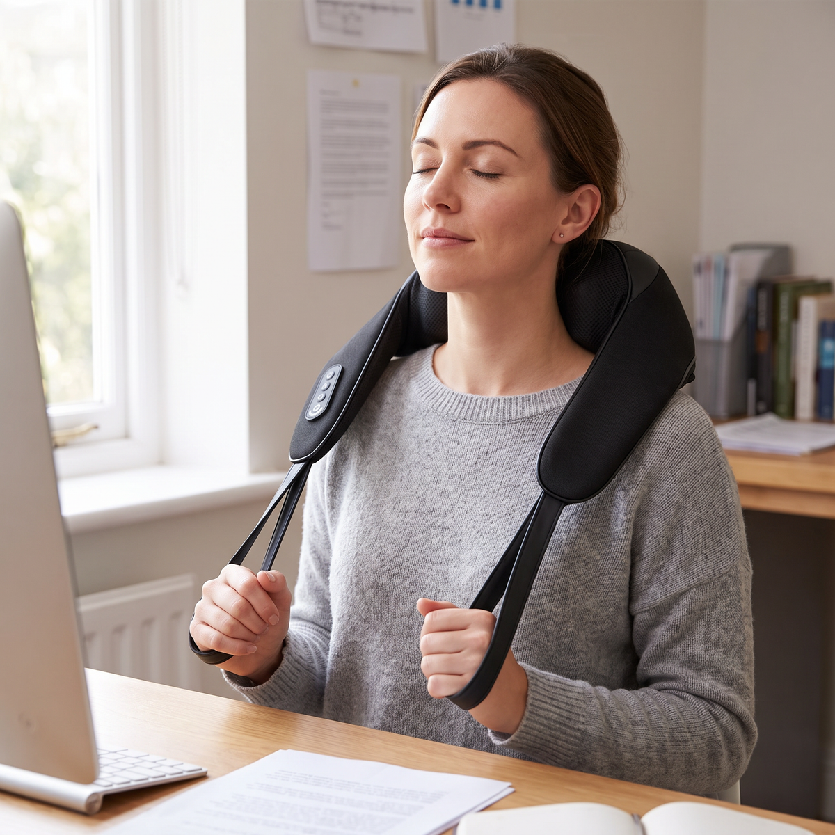 Shiatsu neck and shoulder massager with heat in use at home