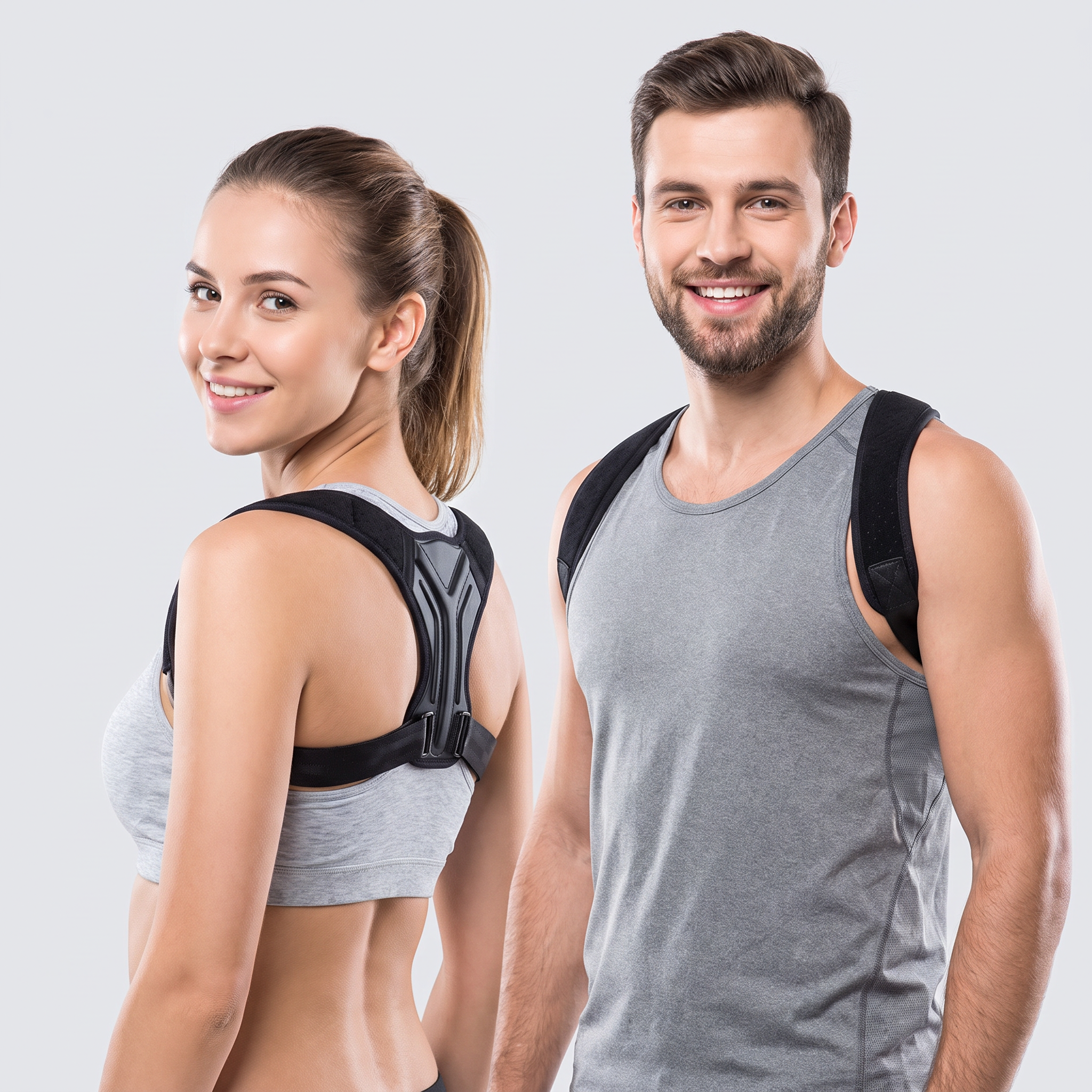 Cover: friendly couple wearing posture corrector