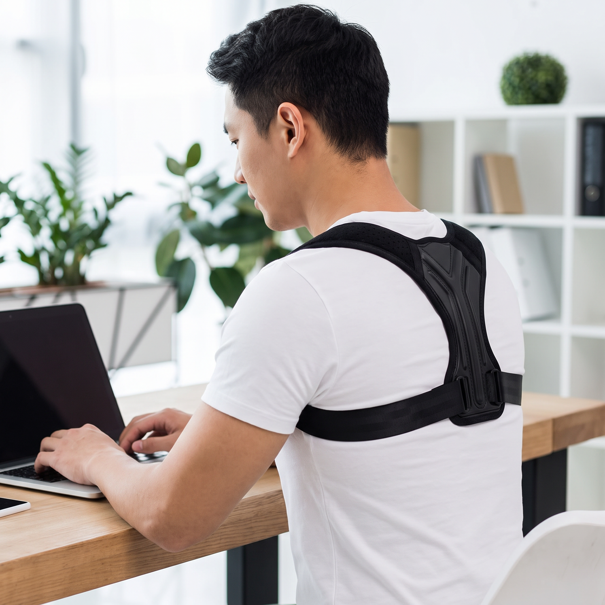 Man using posture corrector at office desk while sitting