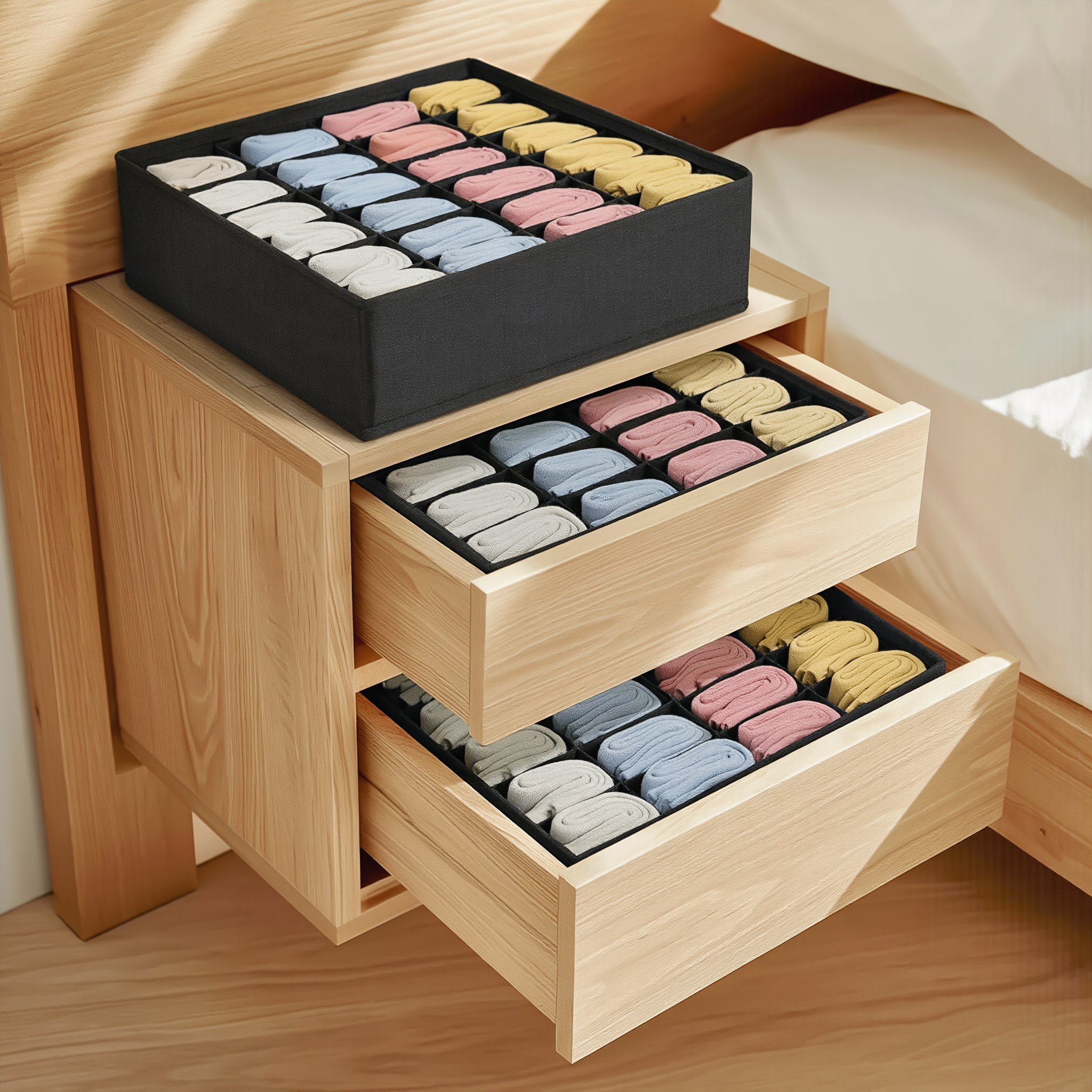 24-Compartment Fabric Drawer Organizer in Black