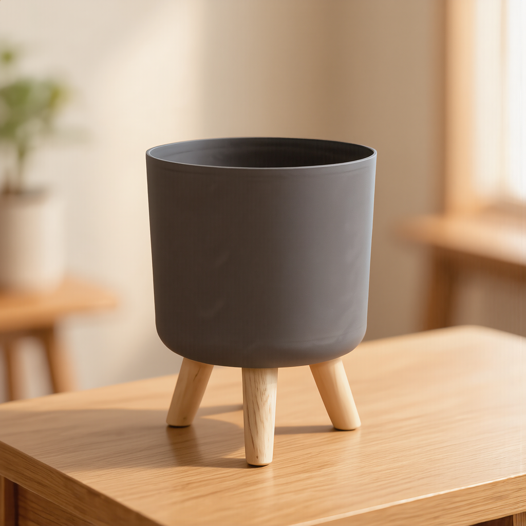 Modern Round Planter with Wooden Legs - lifestyle
