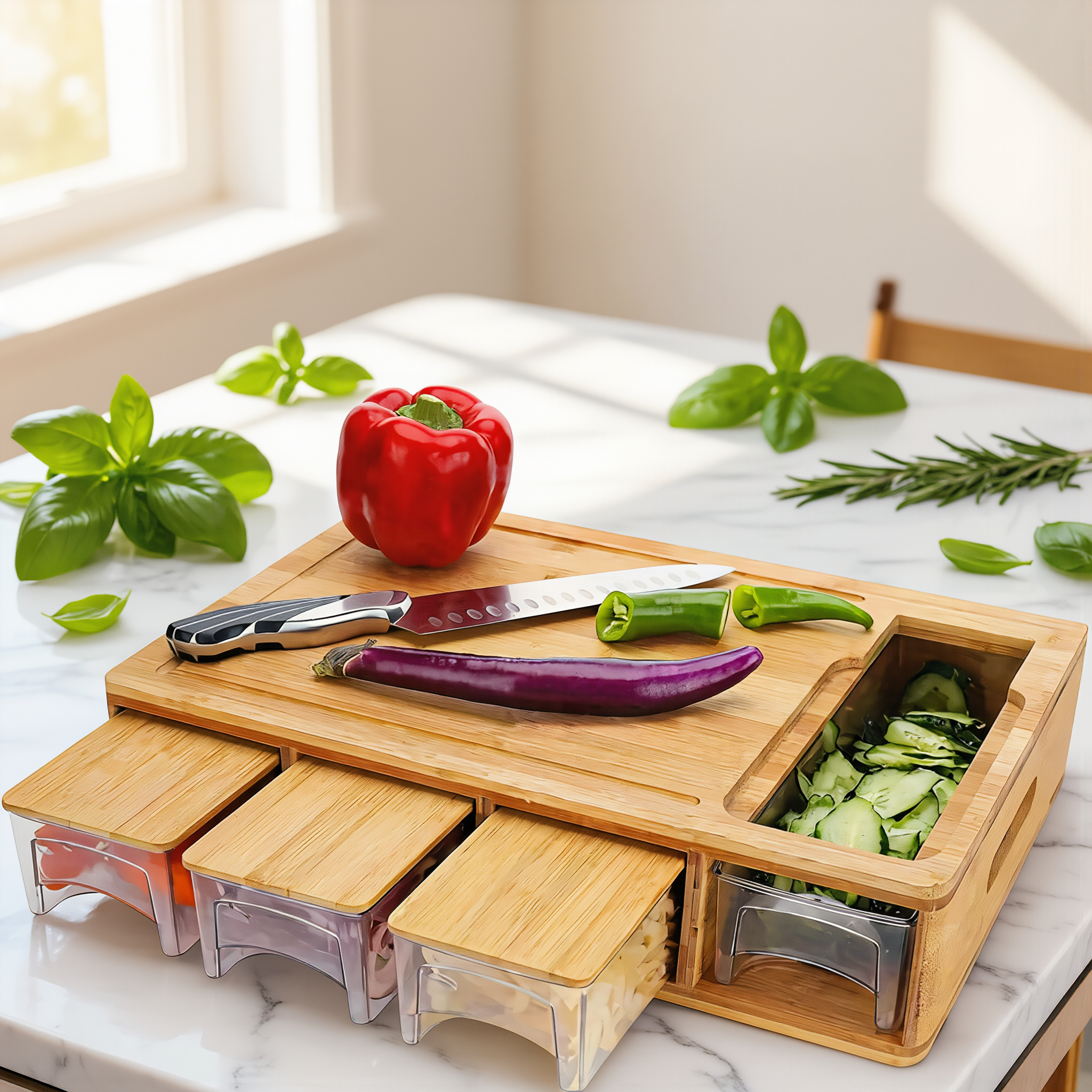 Bamboo Cutting Board with Storage Trays & Graters | Multifunctional Kitchen Prep Station