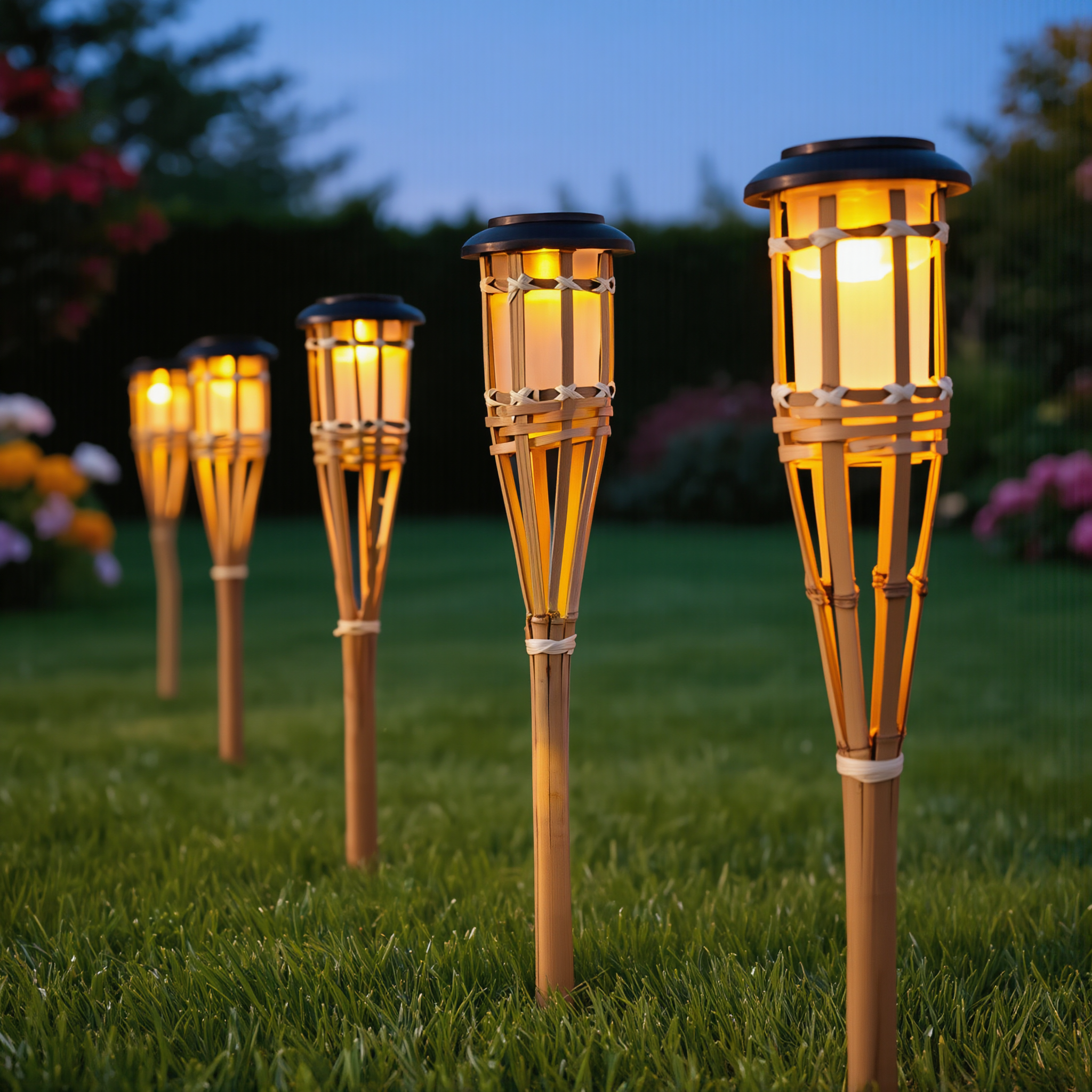 Solar Bamboo Flame Lights (2-Pack) | 12-LED Outdoor Solar Garden Lanterns