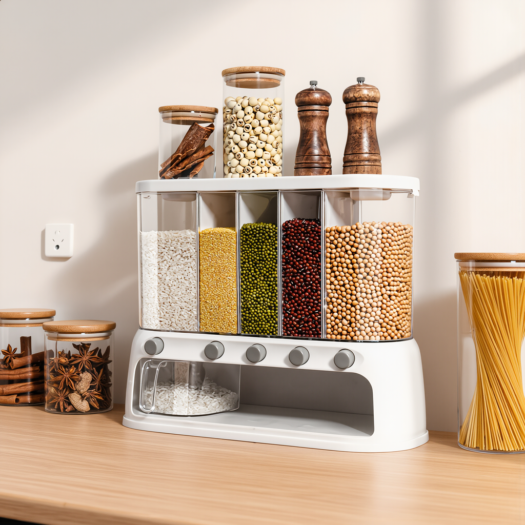 Multi-Compartment Kitchen Grain Storage Container | Airtight Pantry Organiser with Flip-Top Lid