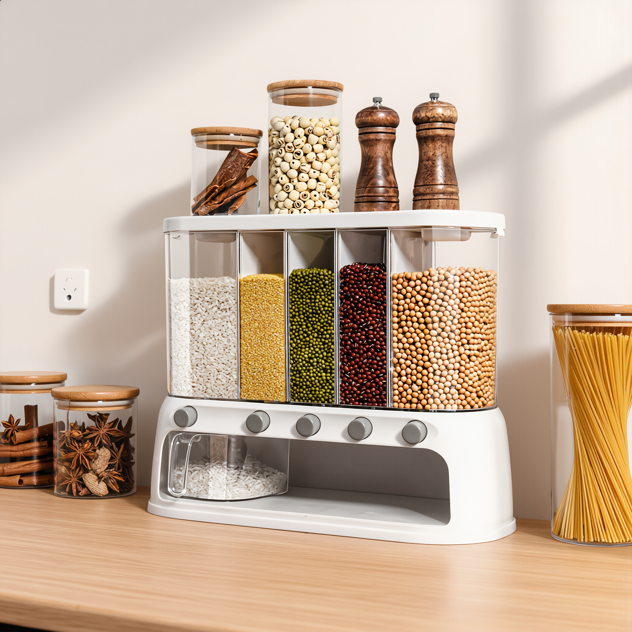 Multi-Compartment Kitchen Grain Storage Container | Airtight Pantry Organiser with Flip-Top Lid