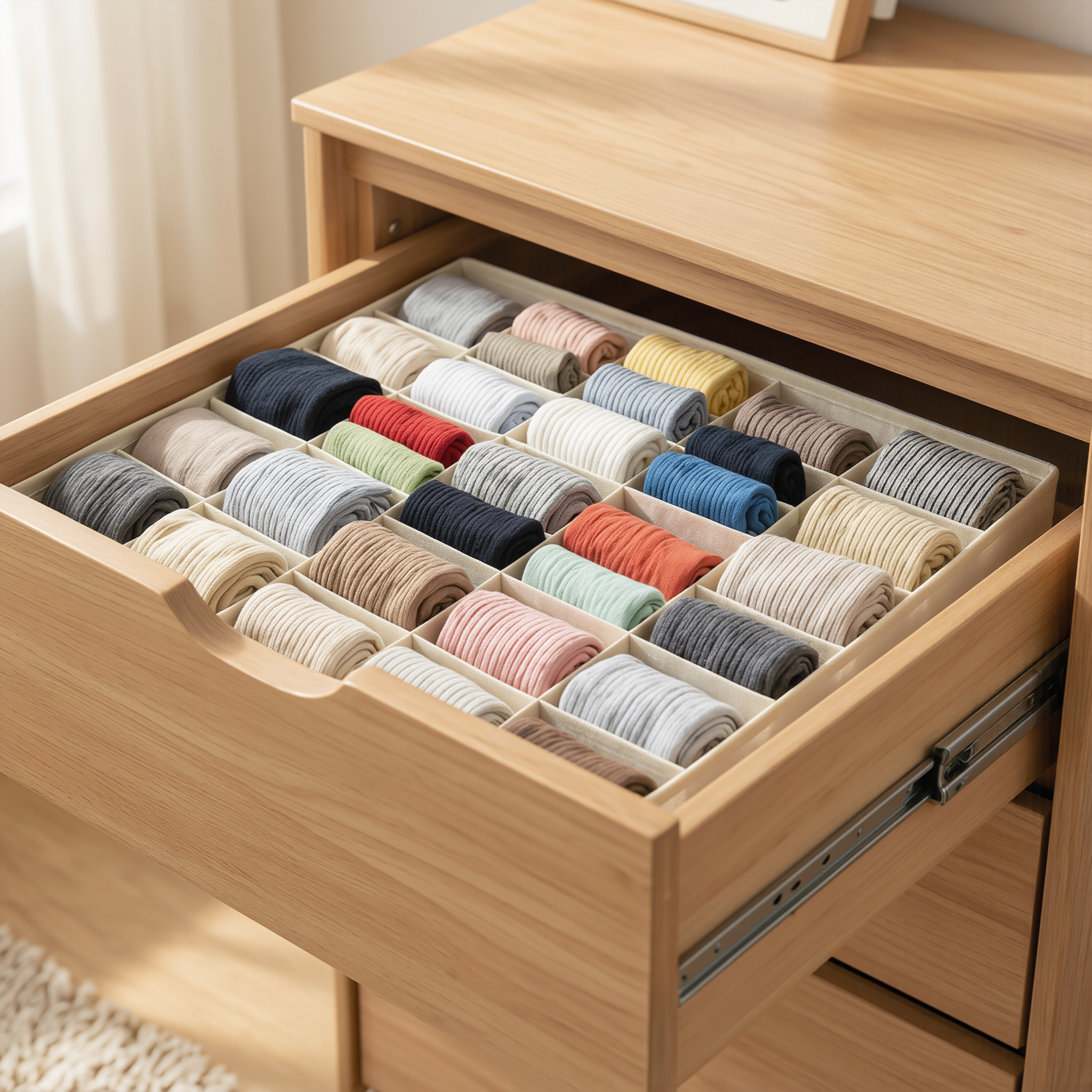 Foldable Drawer Organizer lifestyle photo, inside a dresser drawer
