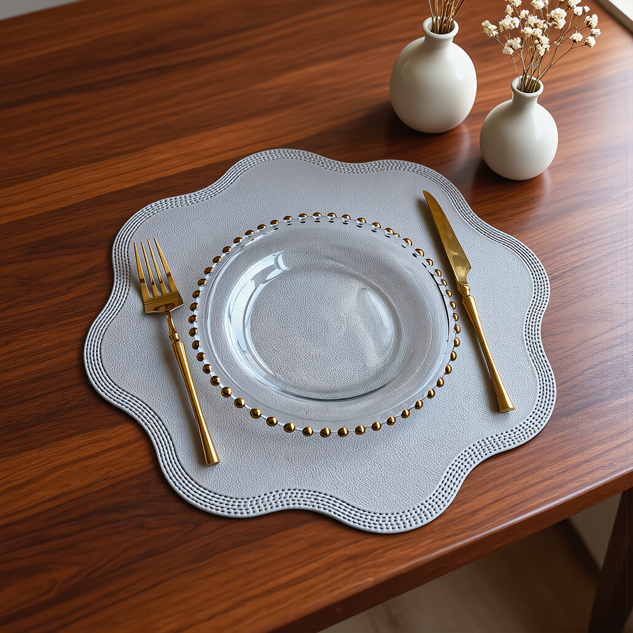 FloraMat | Luxury Round Faux Leather Placemats | Embossed Flower Design