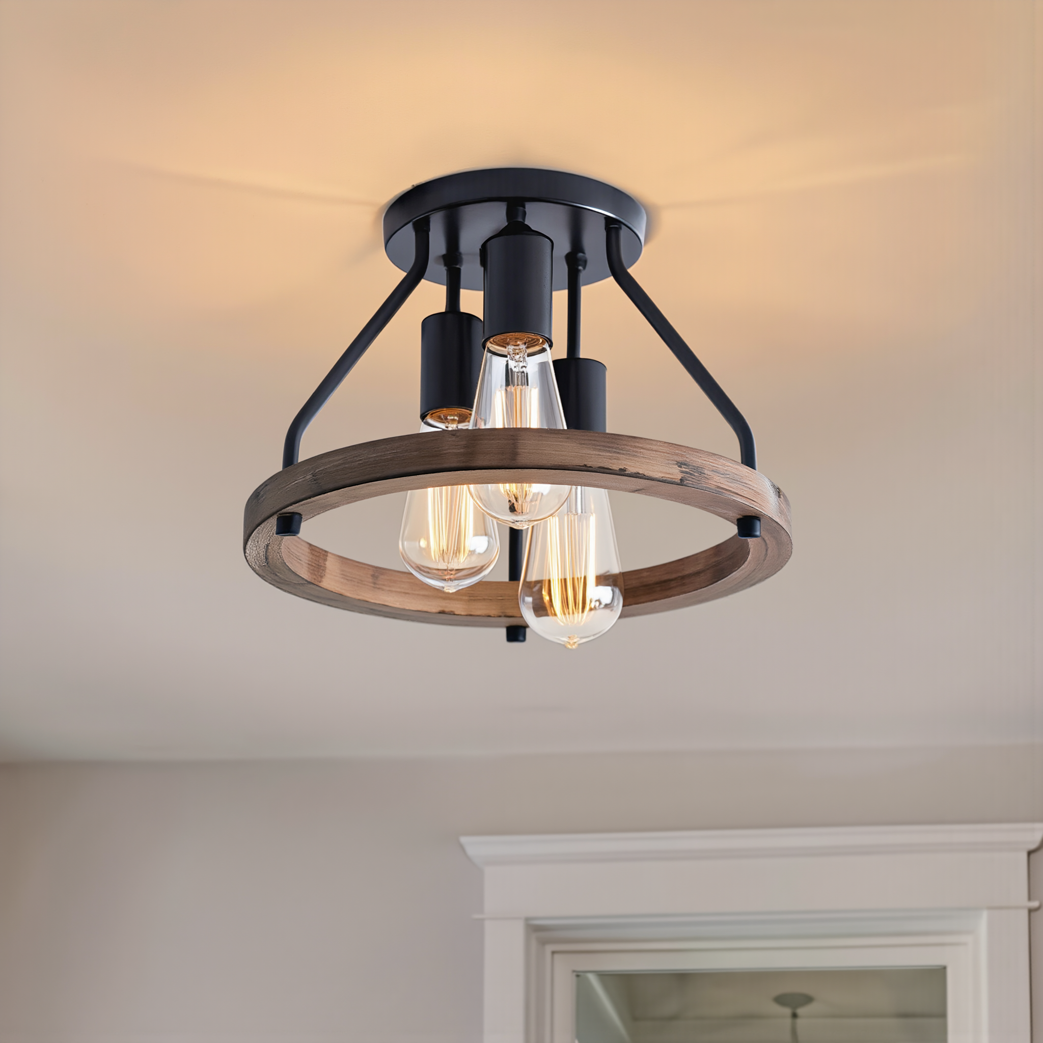 Industrial Wood Ring Ceiling Light - lifestyle