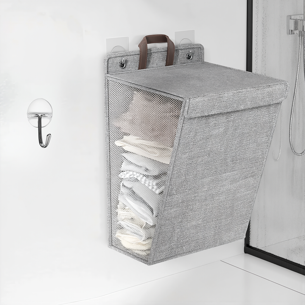 Wallora | Foldable Adhesive Laundry Basket | Wall-Mounted Clothes Hamper & Organiser