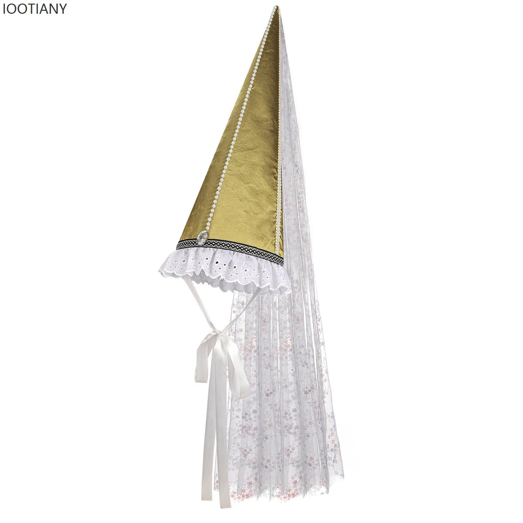 Vintage Gothic Pointed Witch Hat With Long Flowing White Chiffon Medieval Wizard Headwear Halloween Cosplay Costume Accessory