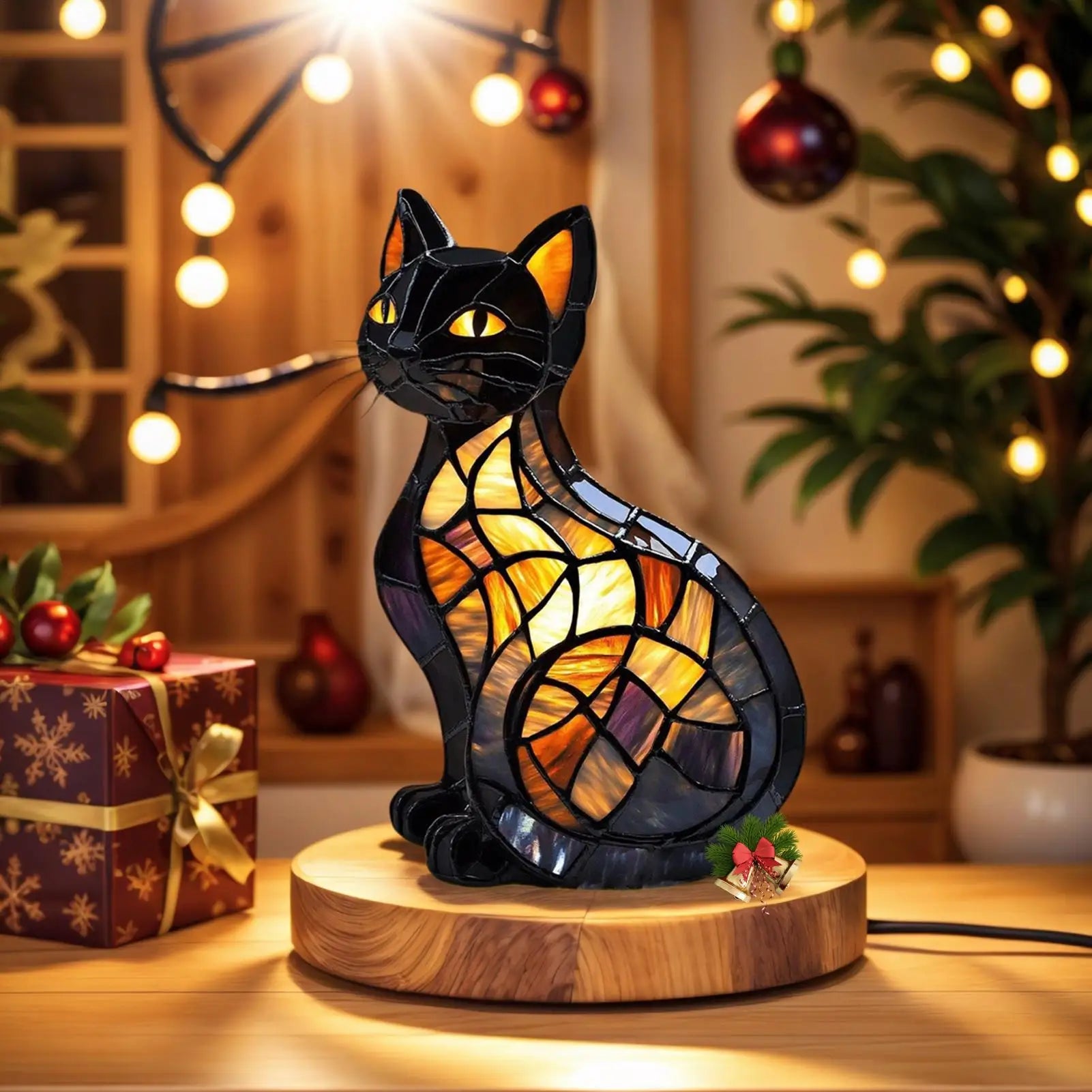 Cat Lamp Stained Retro Cat Stained Resin Tabletop Night Light Cute Pet Themed Led Lamp Gift For Cat Lovers