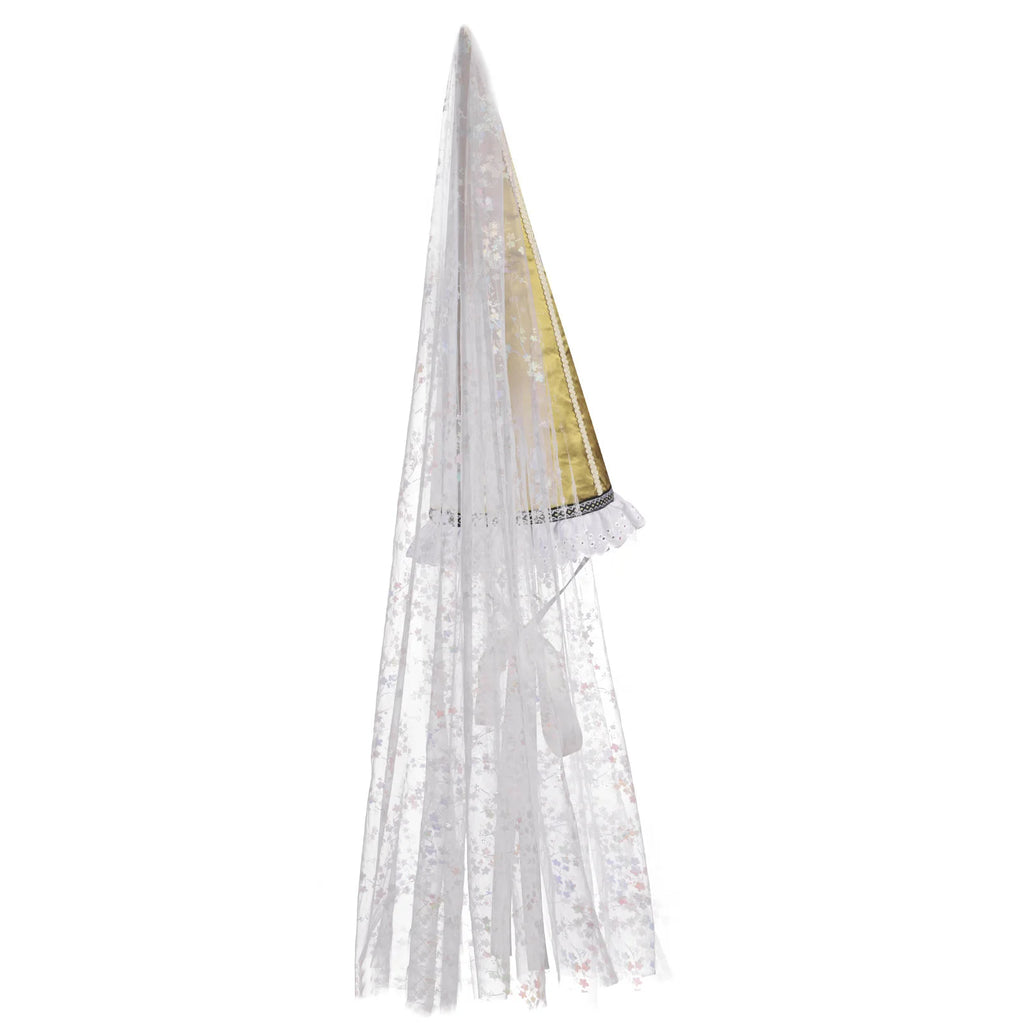 Vintage Gothic Pointed Witch Hat With Long Flowing White Chiffon Medieval Wizard Headwear Halloween Cosplay Costume Accessory