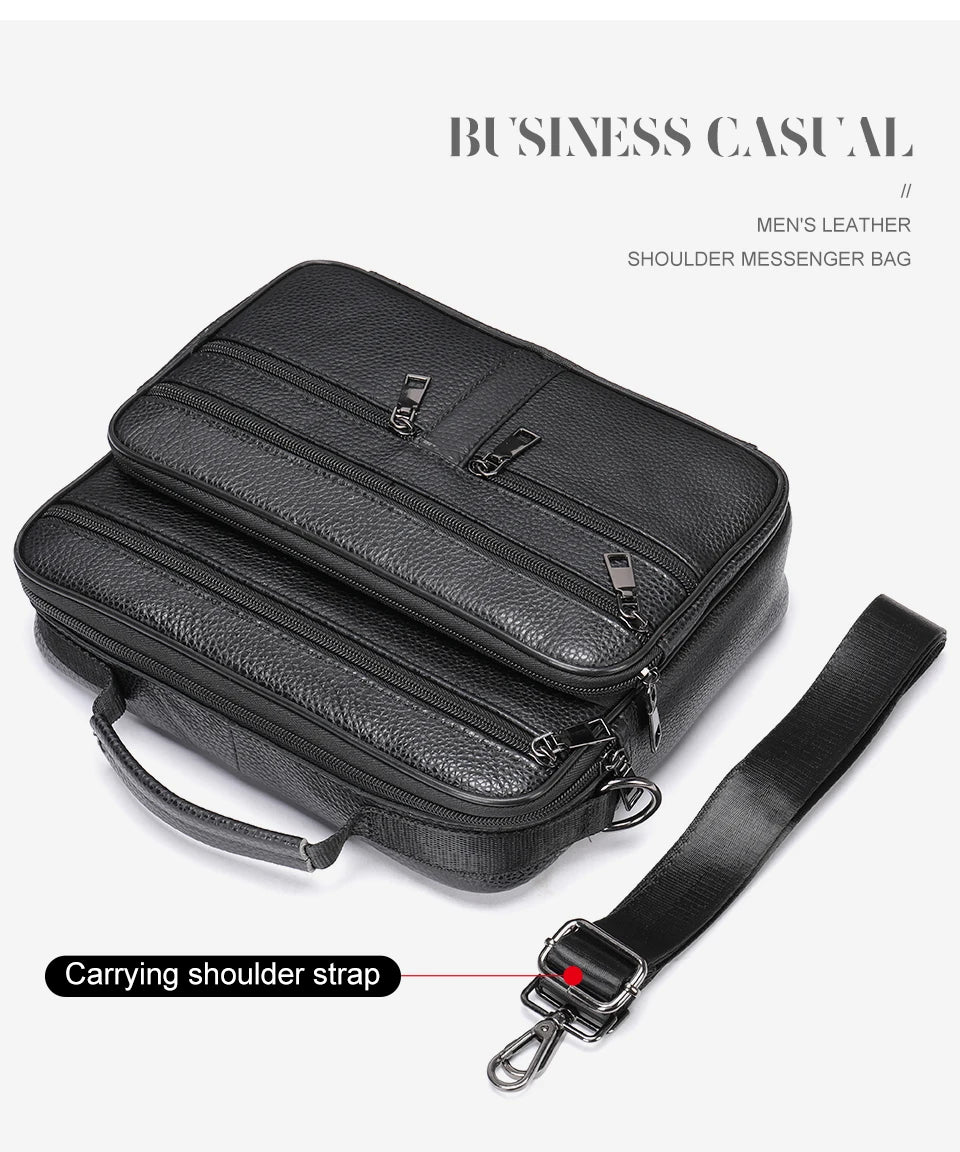 Genuine Leather Shoulder Bag for Men Black Cowhide Leather Handbag for Men Business Office Messenger Bag Male Crossbody Bag