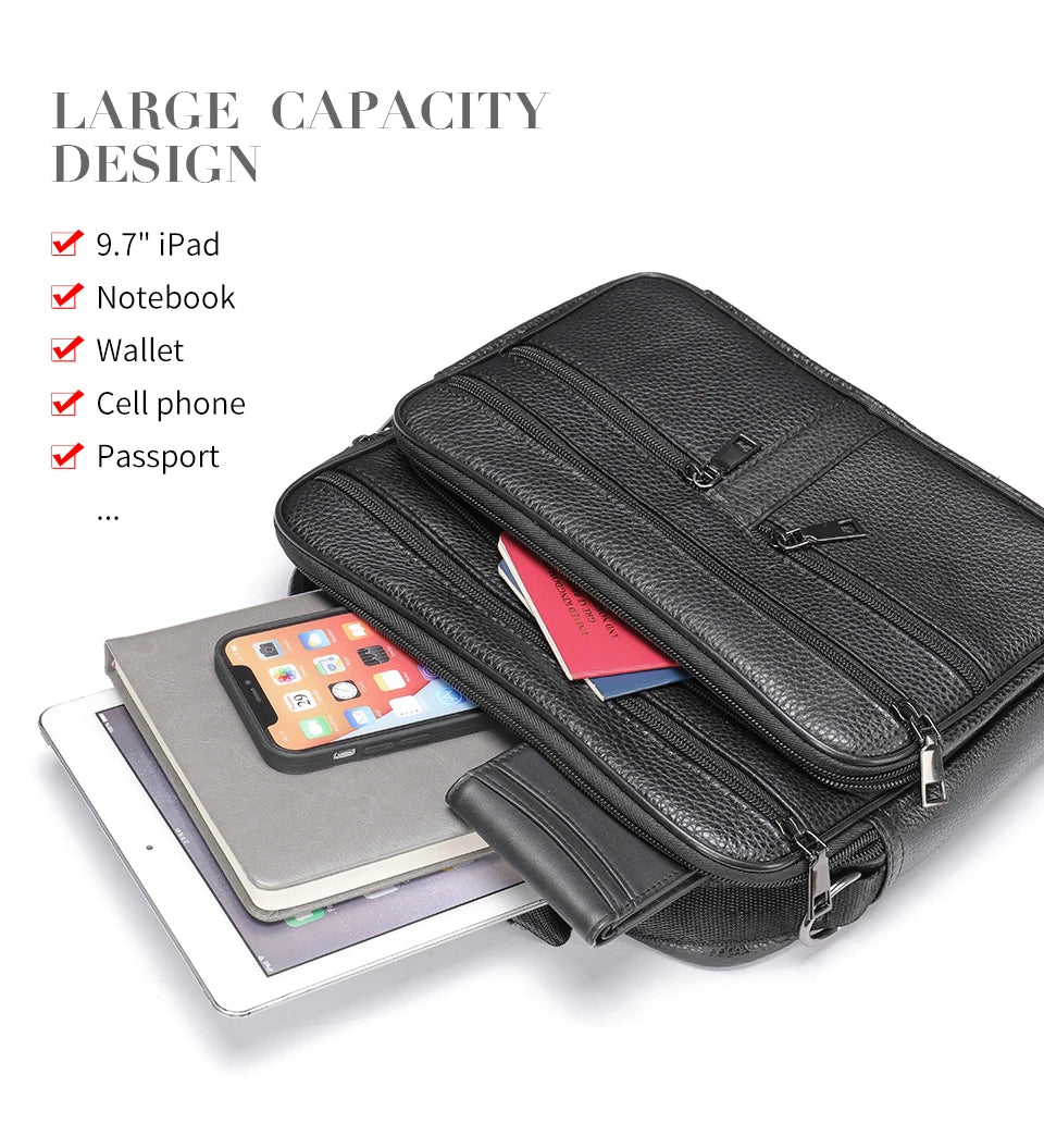 Genuine Leather Shoulder Bag for Men Black Cowhide Leather Handbag for Men Business Office Messenger Bag Male Crossbody Bag