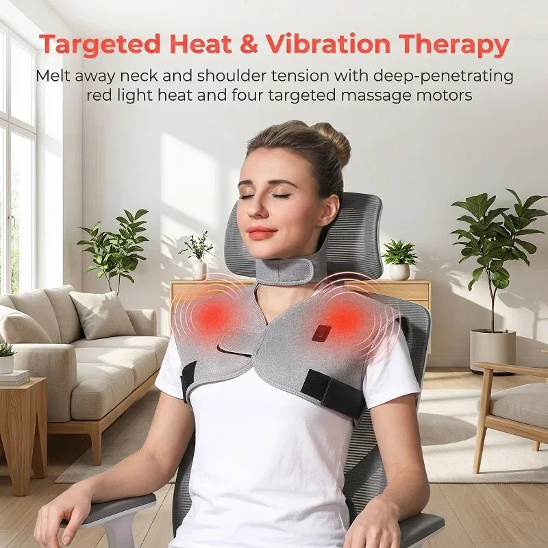 Red Light Heated Shoulder & Neck Support Wrap | 3-Gear Vibration, Helpful for Sleep