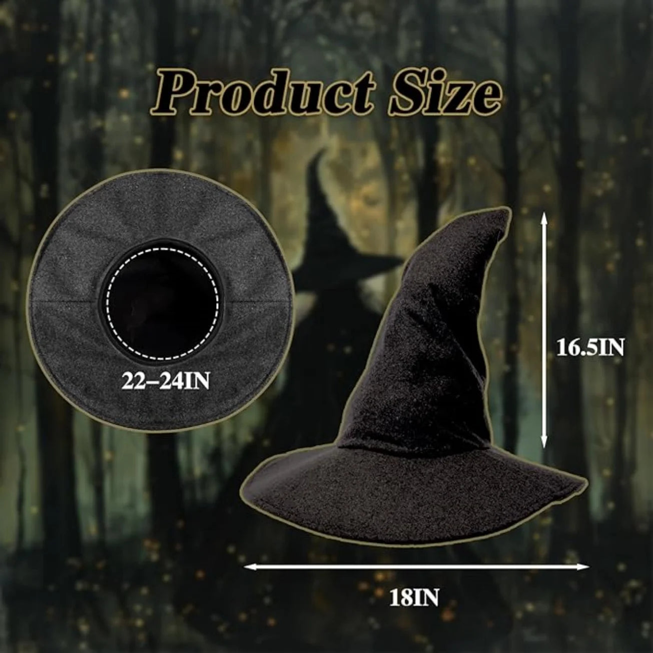 Black Witch Hat for Women, Curly Wizard Hat, Halloween Cosplay Witch Costume Accessory for Party Masquerade Dress Up Costume