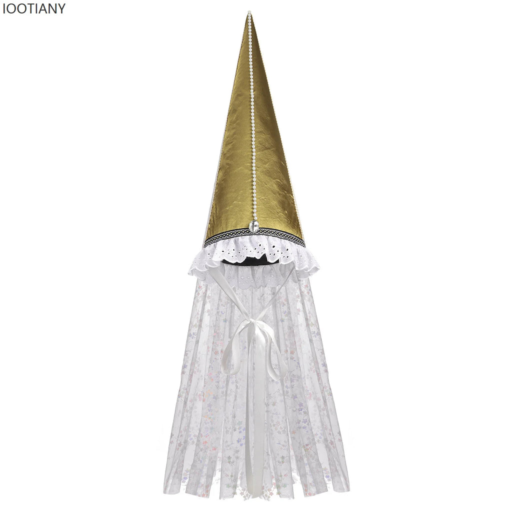 Vintage Gothic Pointed Witch Hat With Long Flowing White Chiffon Medieval Wizard Headwear Halloween Cosplay Costume Accessory