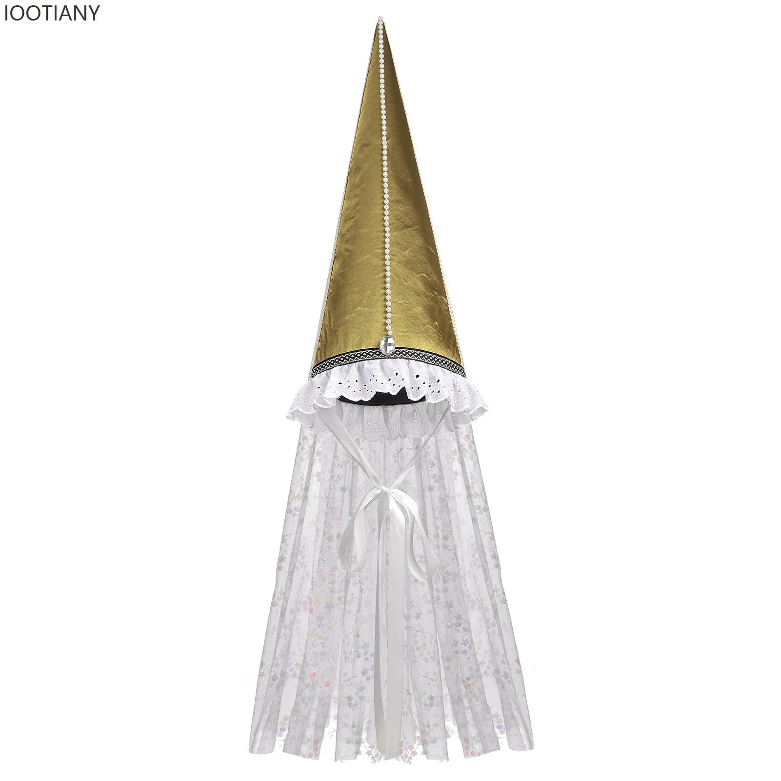 Vintage Gothic Pointed Witch Hat With Long Flowing White Chiffon Medieval Wizard Headwear Halloween Cosplay Costume Accessory