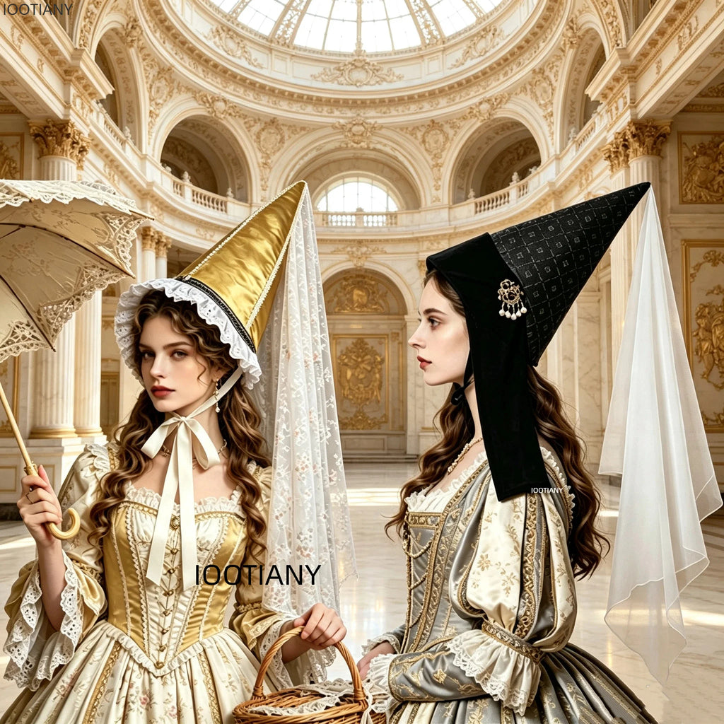 Vintage Gothic Pointed Witch Hat With Long Flowing White Chiffon Medieval Wizard Headwear Halloween Cosplay Costume Accessory