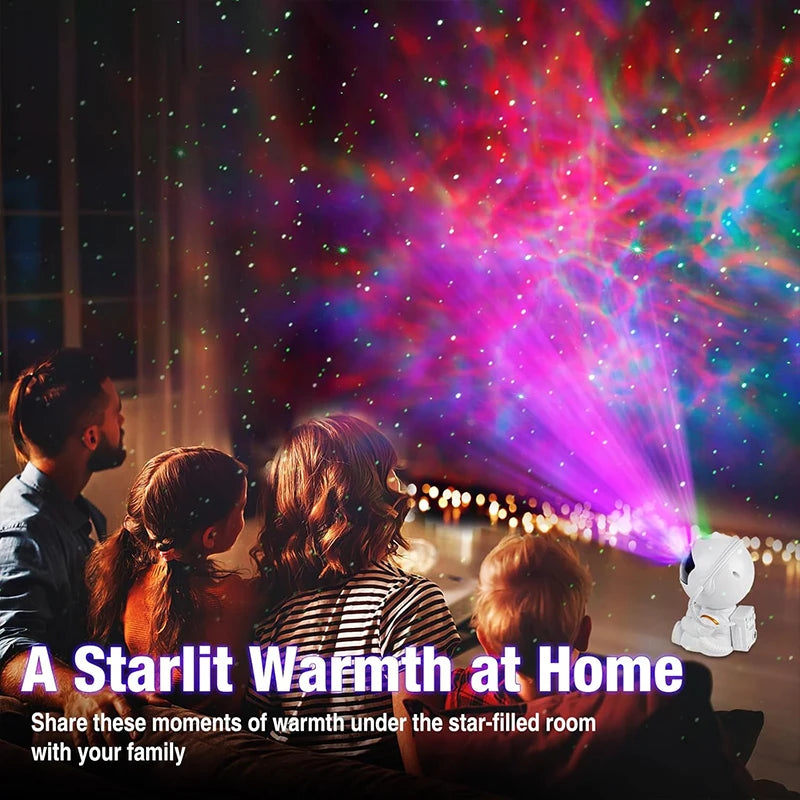 Astronaut projector filling a living room ceiling with stars