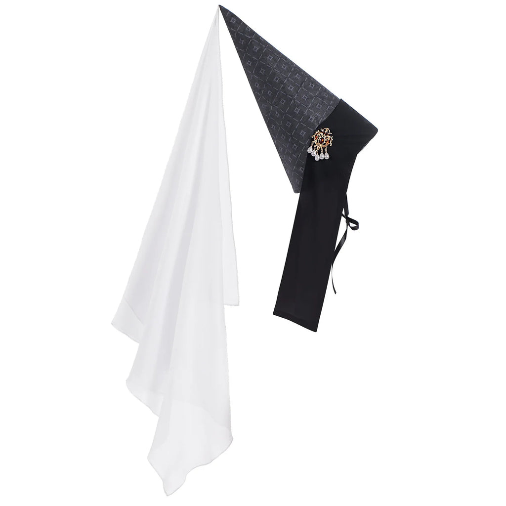 Vintage Gothic Pointed Witch Hat With Long Flowing White Chiffon Medieval Wizard Headwear Halloween Cosplay Costume Accessory