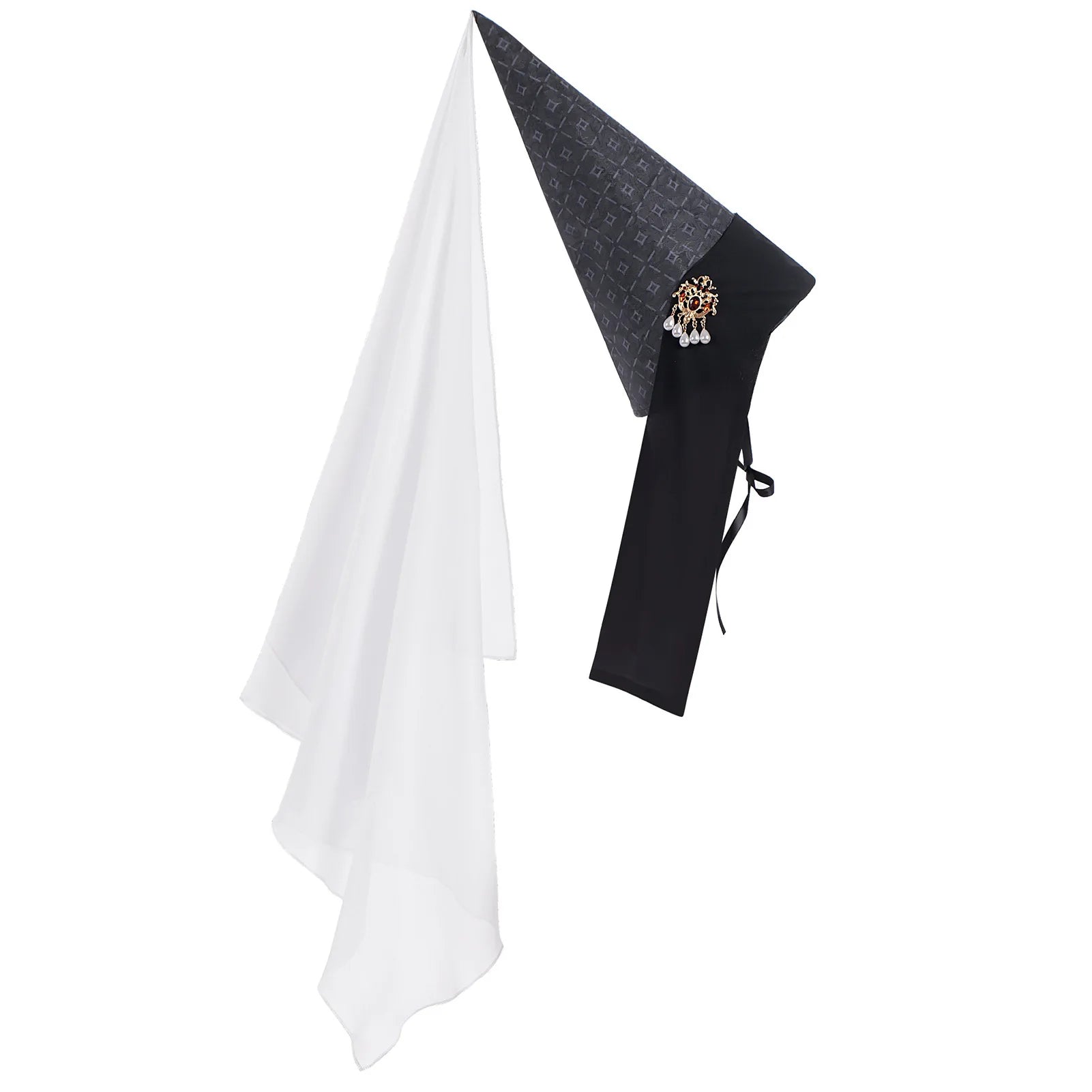 Vintage Gothic Pointed Witch Hat With Long Flowing White Chiffon Medieval Wizard Headwear Halloween Cosplay Costume Accessory