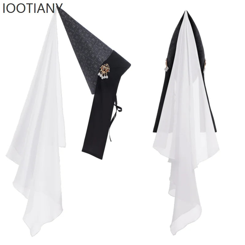 Vintage Gothic Pointed Witch Hat With Long Flowing White Chiffon Medieval Wizard Headwear Halloween Cosplay Costume Accessory