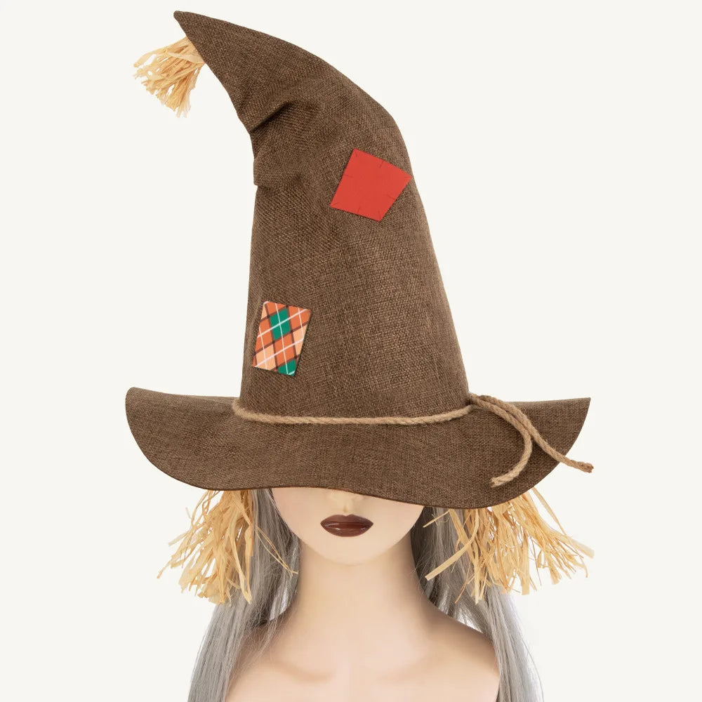 Witch Cosplay Hat Retro Distressed Look Rough Pointed-Top Cap Straw Decorations Wide-Brimmed Rustic Halloween Costume Headpiece