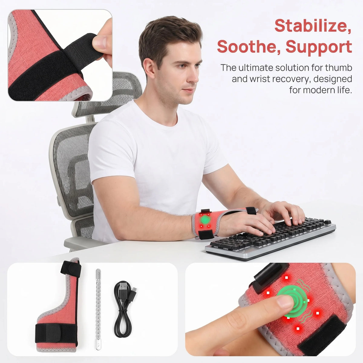 Red Light Heated Wrist & Thumb Support Brace | Vibration, 3 Heat Settings