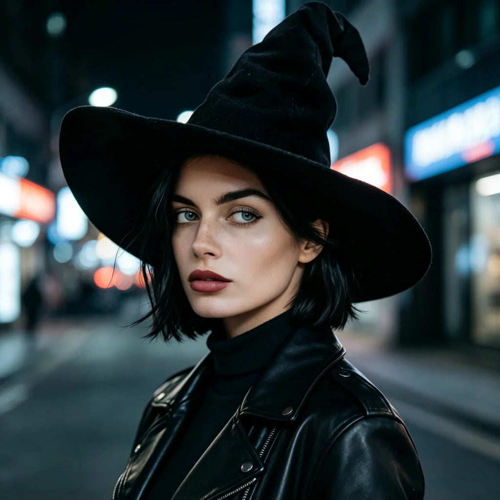 Black Witch Hat for Women, Curly Wizard Hat, Halloween Cosplay Witch Costume Accessory for Party Masquerade Dress Up Costume