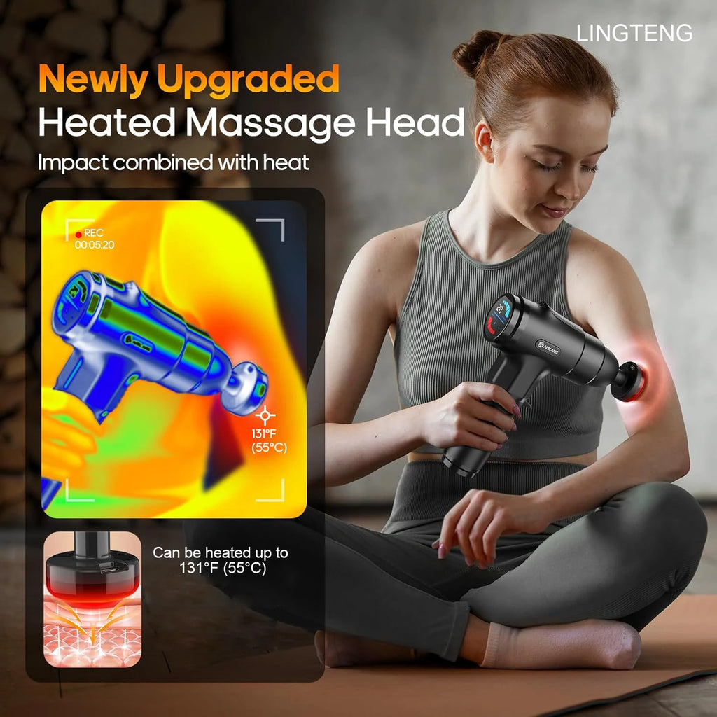 Massage Gun with Heat | Deep Tissue Percussion Massager, 7 Heads & 20 Speeds