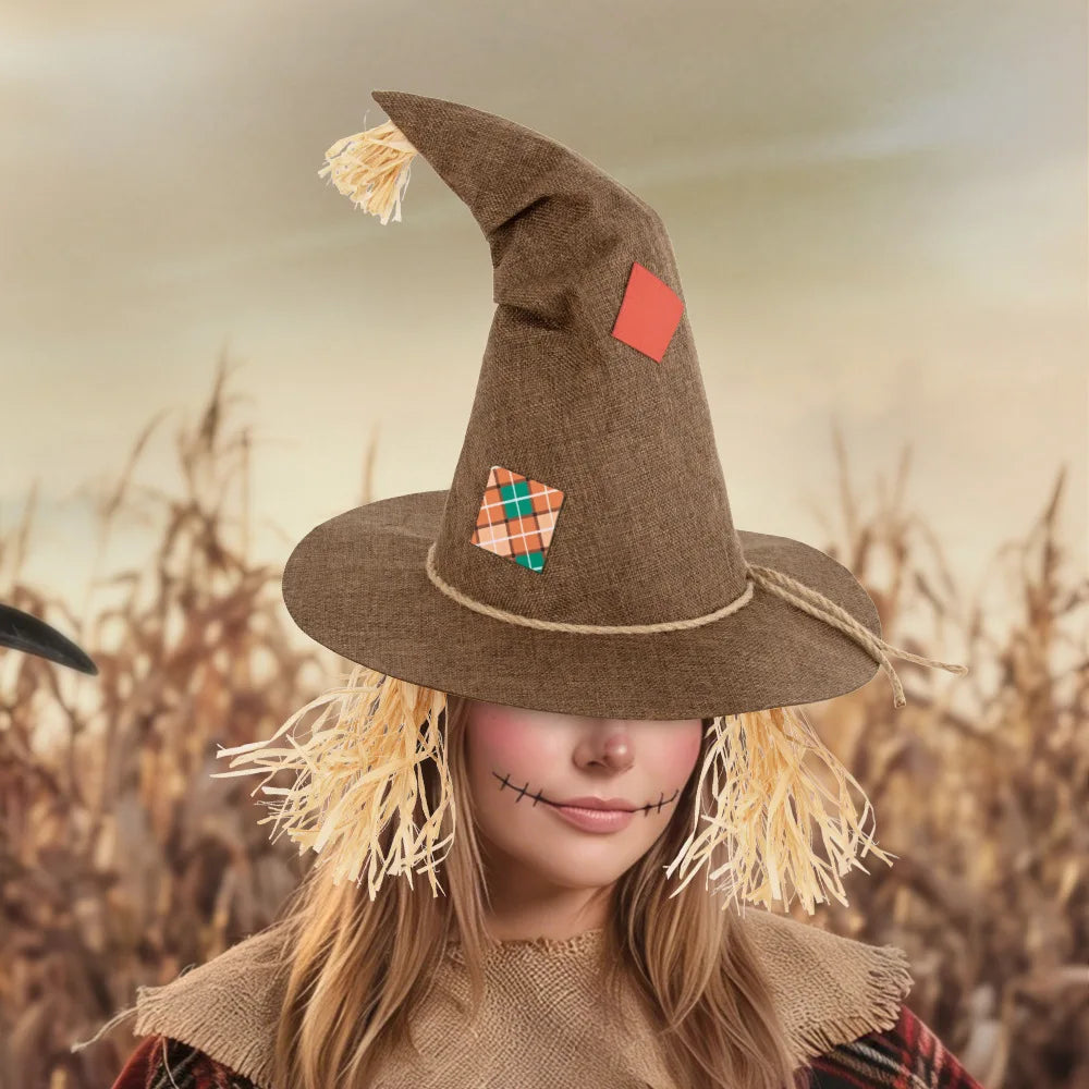 Witch Cosplay Hat Retro Distressed Look Rough Pointed-Top Cap Straw Decorations Wide-Brimmed Rustic Halloween Costume Headpiece