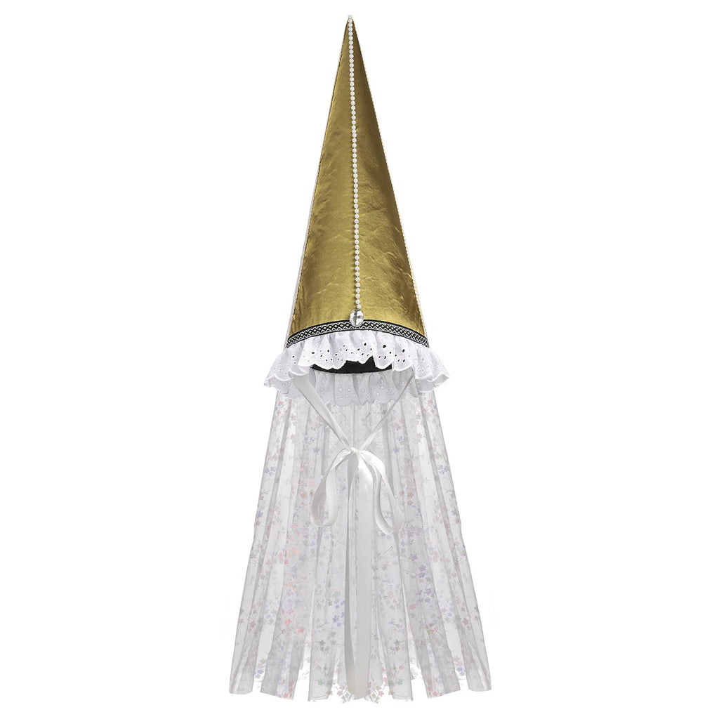 Vintage Gothic Pointed Witch Hat With Long Flowing White Chiffon Medieval Wizard Headwear Halloween Cosplay Costume Accessory