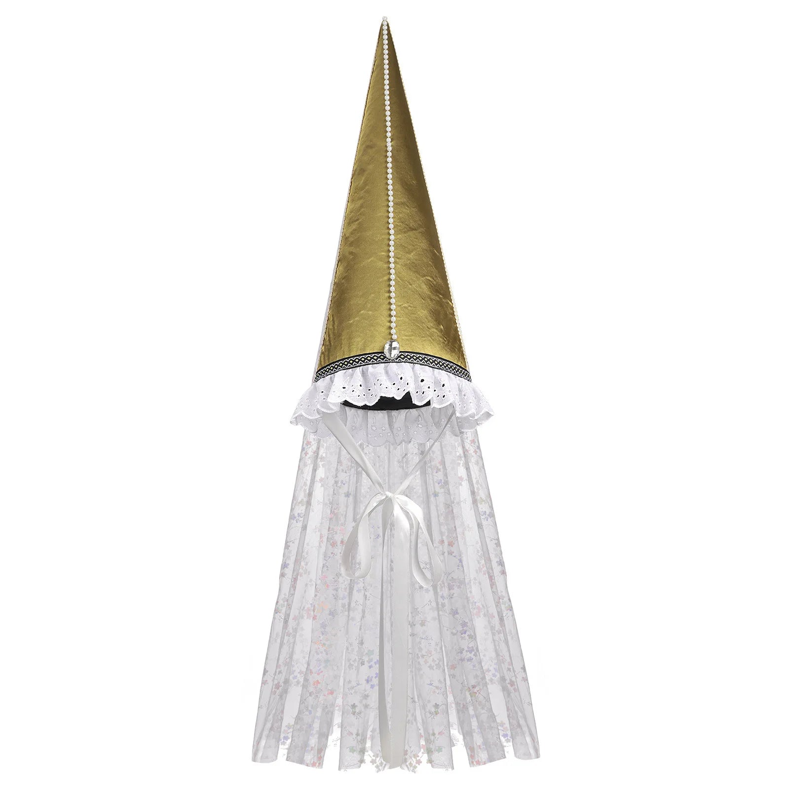 Vintage Gothic Pointed Witch Hat With Long Flowing White Chiffon Medieval Wizard Headwear Halloween Cosplay Costume Accessory
