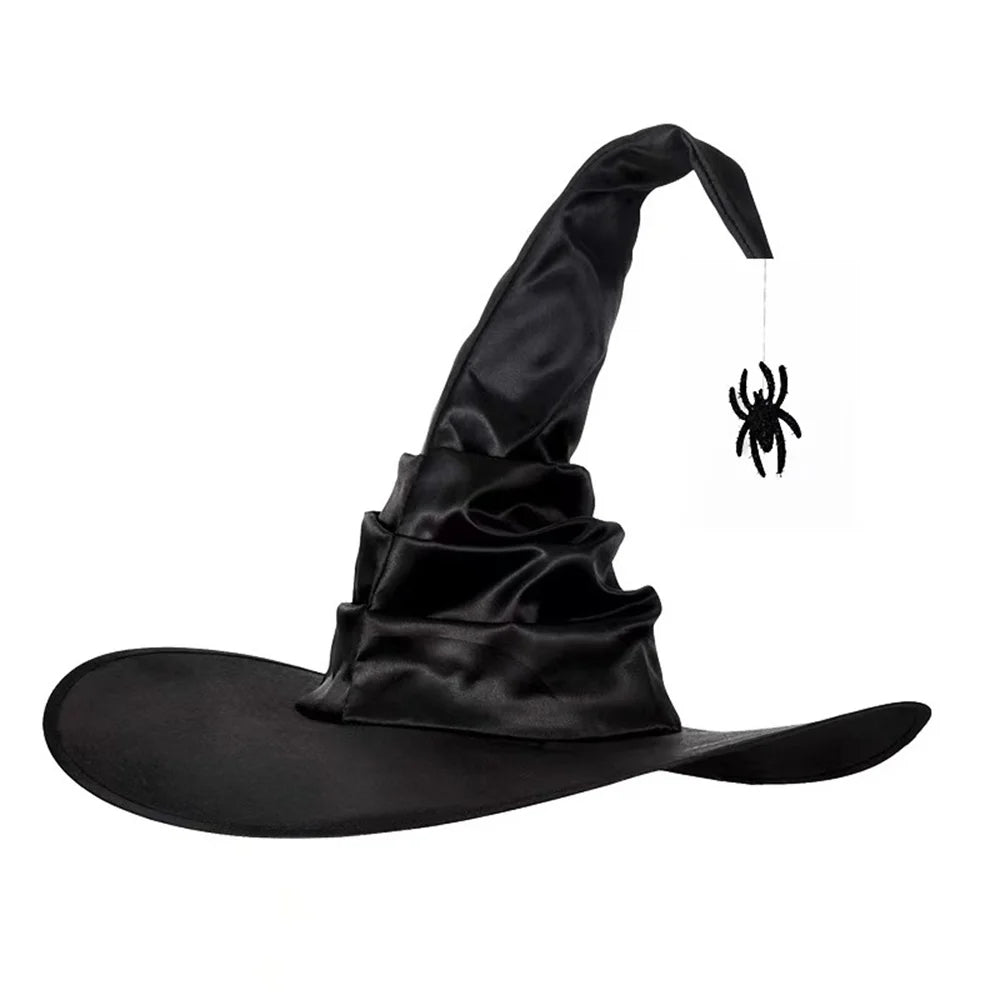 Women Halloween Witch Hat Large Foldable Witch Wizard Hat Spider Bat Pendant For Party Cosplay Costume Headgear Devil Cap Props