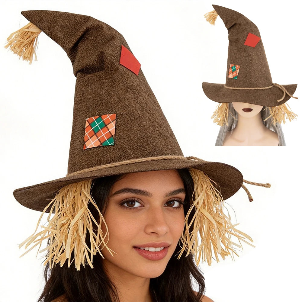 Witch Cosplay Hat Retro Distressed Look Rough Pointed-Top Cap Straw Decorations Wide-Brimmed Rustic Halloween Costume Headpiece