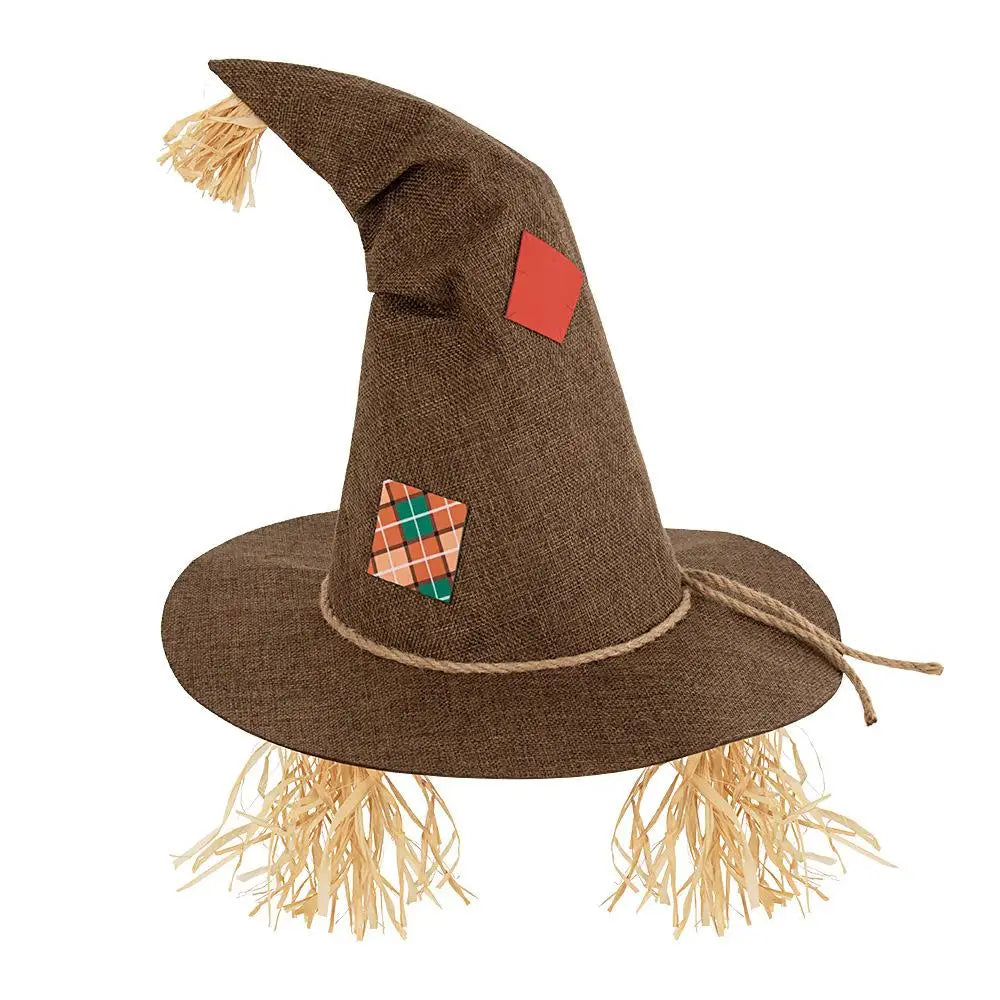 Witch Cosplay Hat Retro Distressed Look Rough Pointed-Top Cap Straw Decorations Wide-Brimmed Rustic Halloween Costume Headpiece