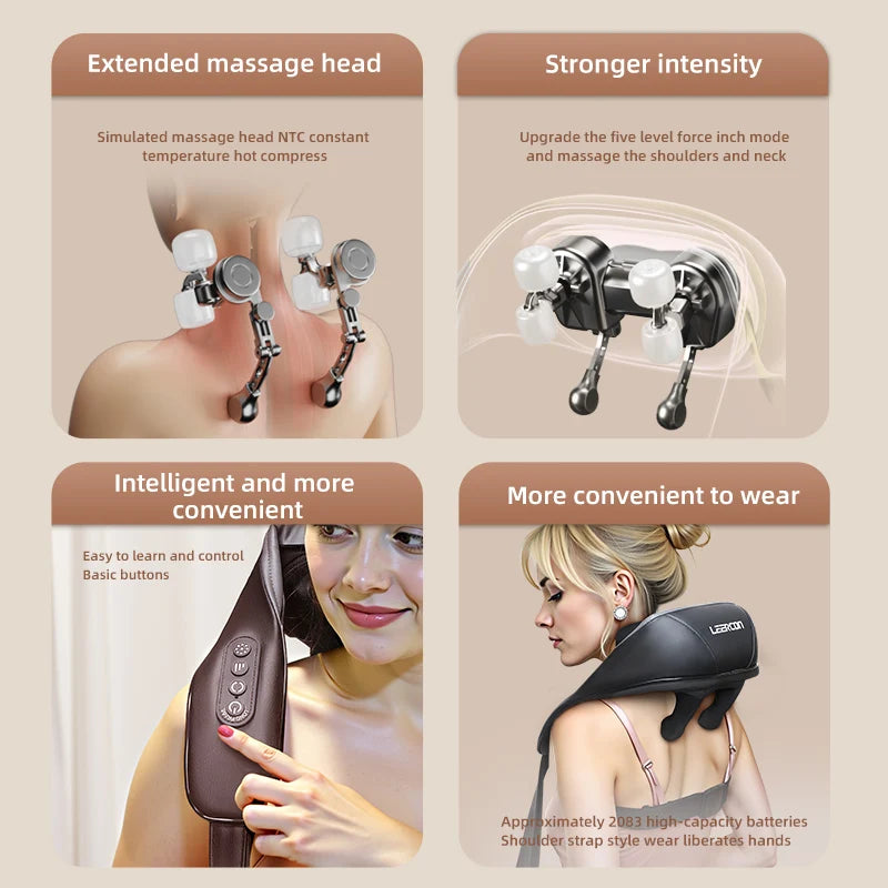 Massage cushion strapped to a car seat headrest