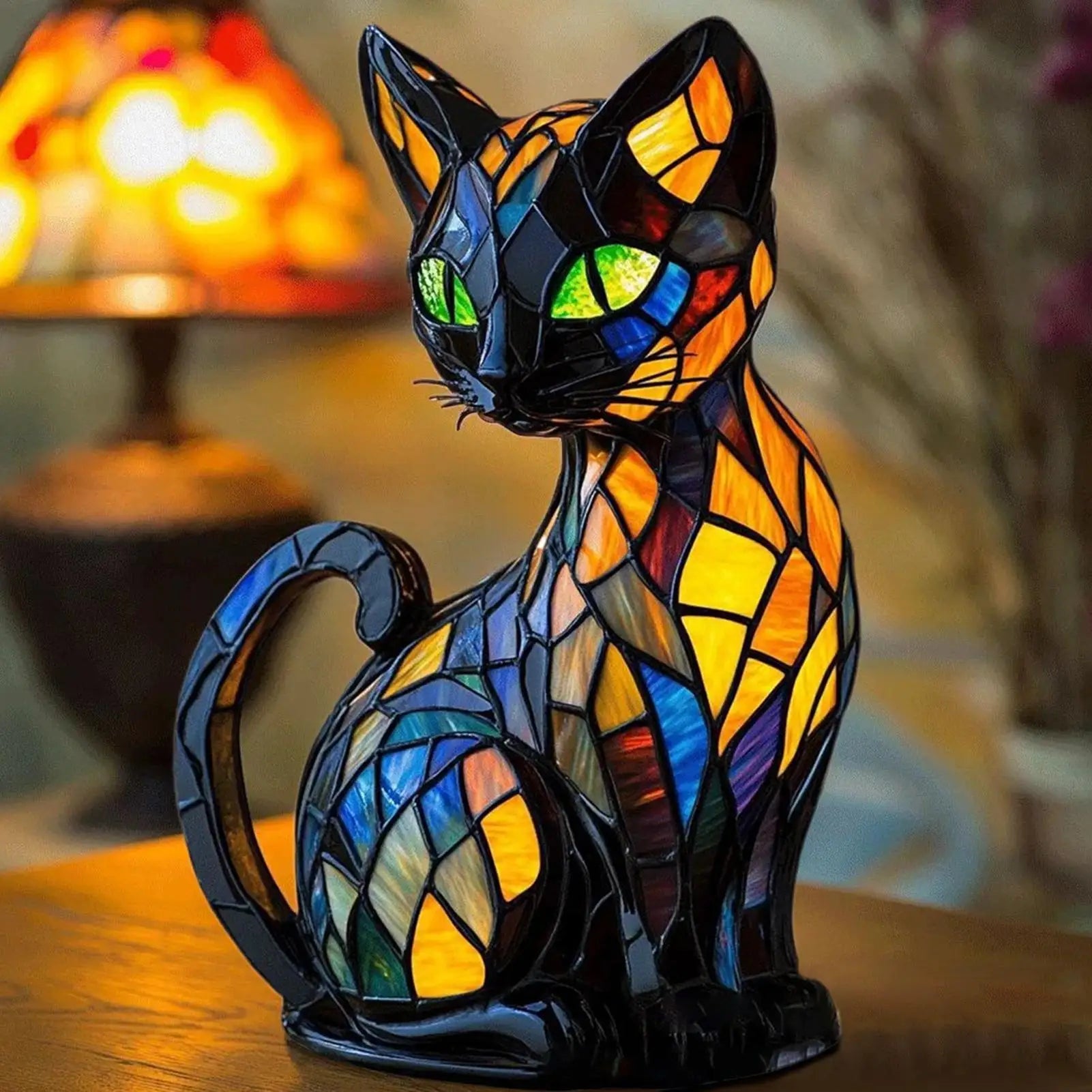 Cat Lamp Stained Retro Cat Stained Resin Tabletop Night Light Cute Pet Themed Led Lamp Gift For Cat Lovers