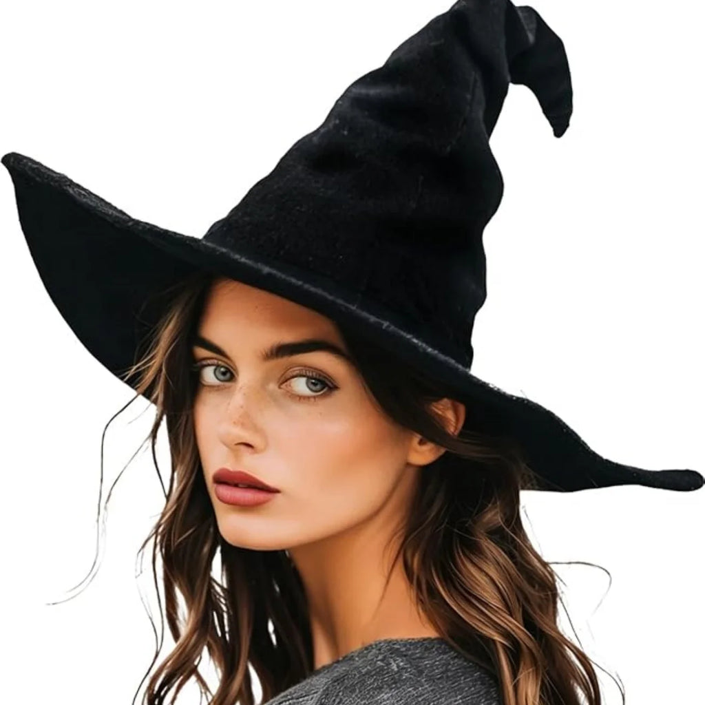 Black Witch Hat for Women, Curly Wizard Hat, Halloween Cosplay Witch Costume Accessory for Party Masquerade Dress Up Costume