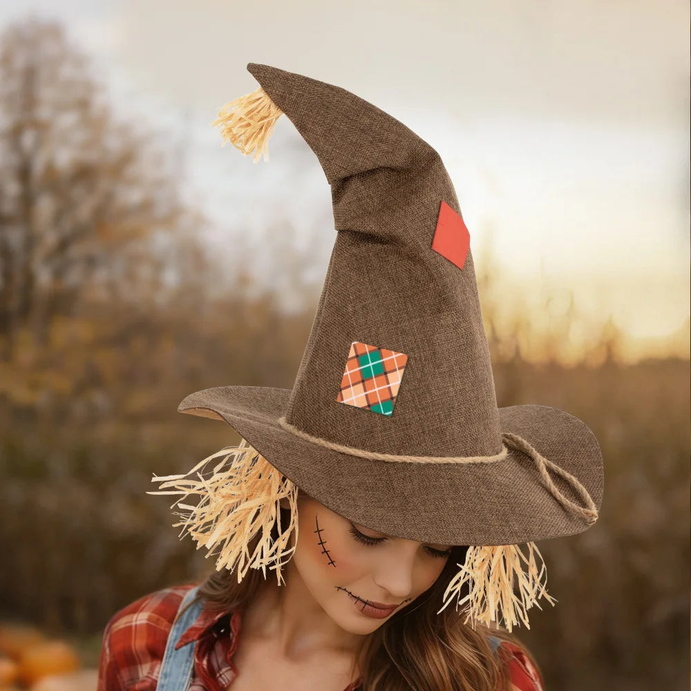 Witch Cosplay Hat Retro Distressed Look Rough Pointed-Top Cap Straw Decorations Wide-Brimmed Rustic Halloween Costume Headpiece