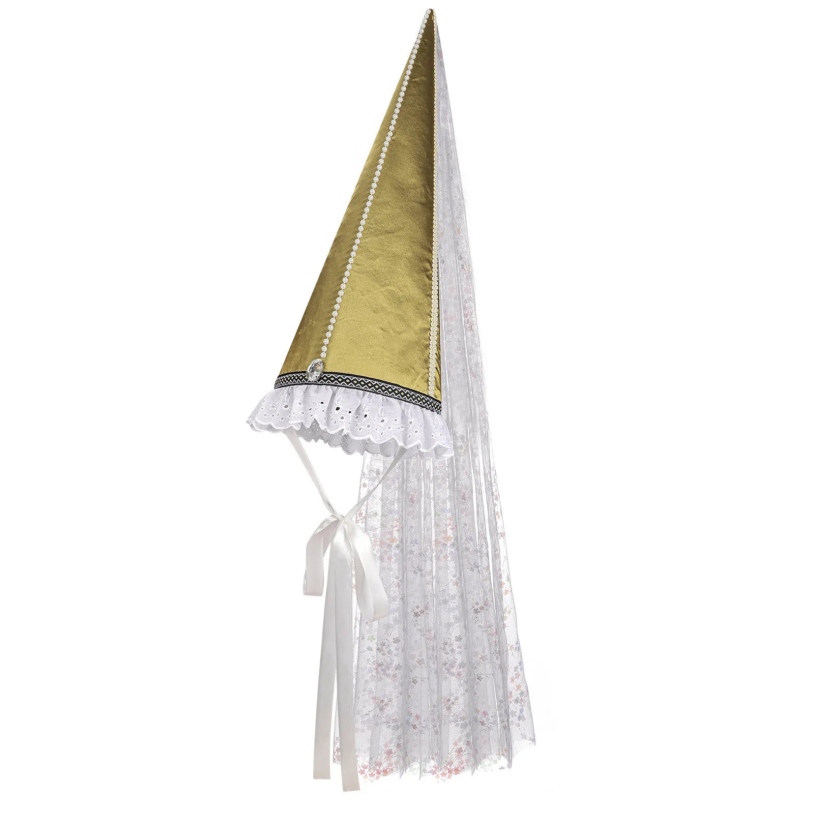 Vintage Gothic Pointed Witch Hat With Long Flowing White Chiffon Medieval Wizard Headwear Halloween Cosplay Costume Accessory