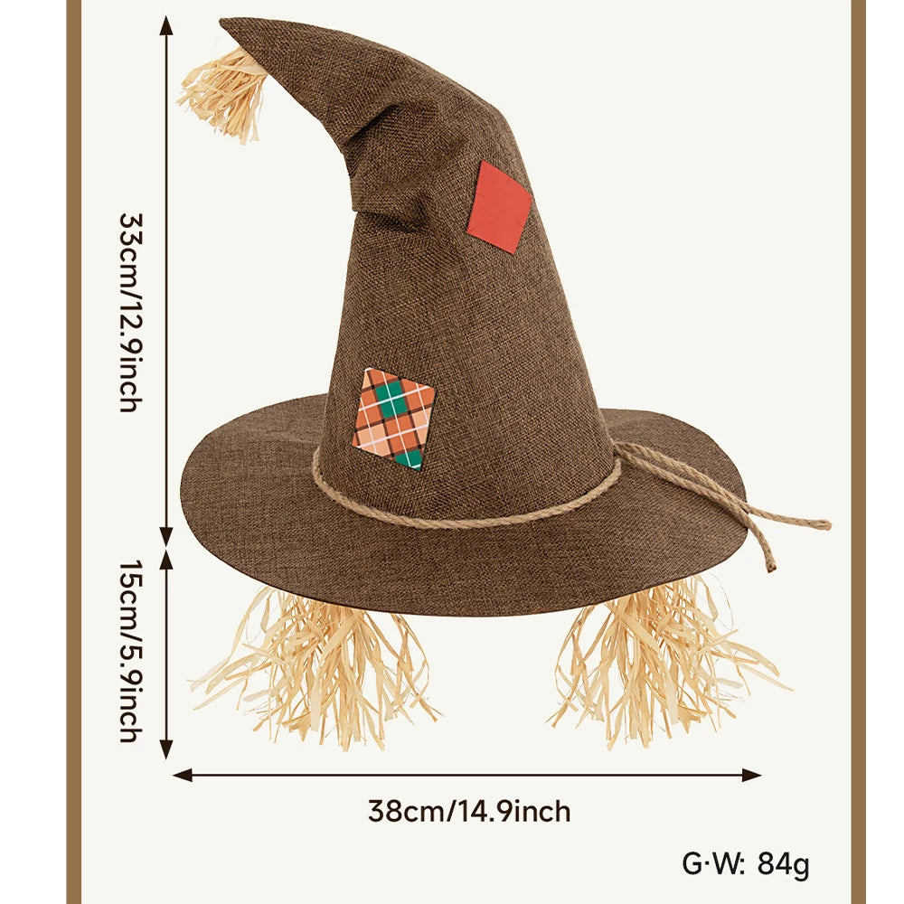 Witch Cosplay Hat Retro Distressed Look Rough Pointed-Top Cap Straw Decorations Wide-Brimmed Rustic Halloween Costume Headpiece
