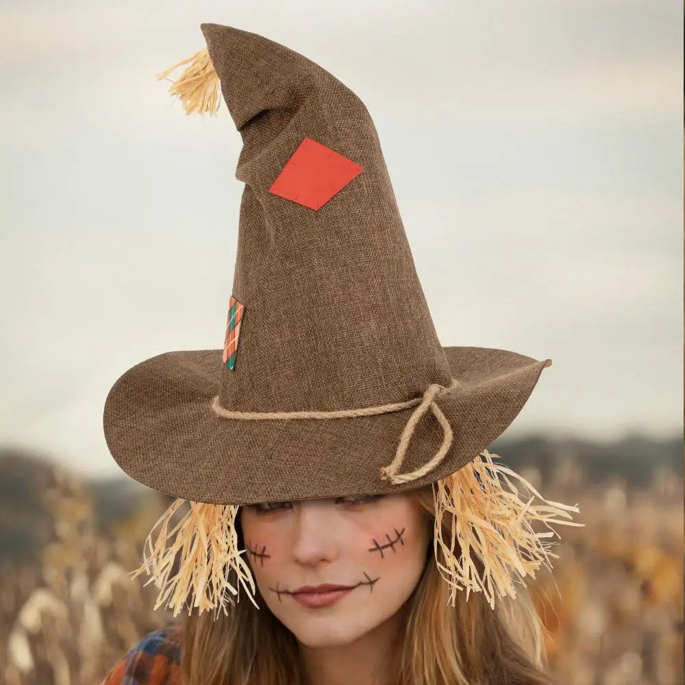 Witch Cosplay Hat Retro Distressed Look Rough Pointed-Top Cap Straw Decorations Wide-Brimmed Rustic Halloween Costume Headpiece