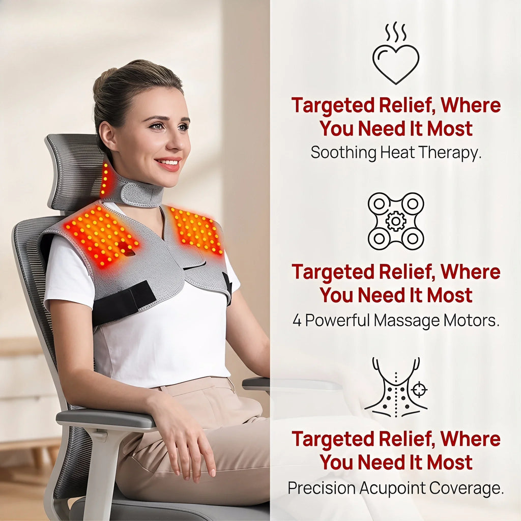 Red Light Heated Shoulder & Neck Support Wrap | 3-Gear Vibration, Helpful for Sleep