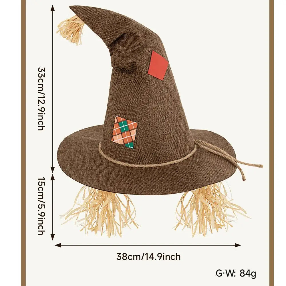 Witch Cosplay Hat Retro Distressed Look Rough Pointed-Top Cap Straw Decorations Wide-Brimmed Rustic Halloween Costume Headpiece