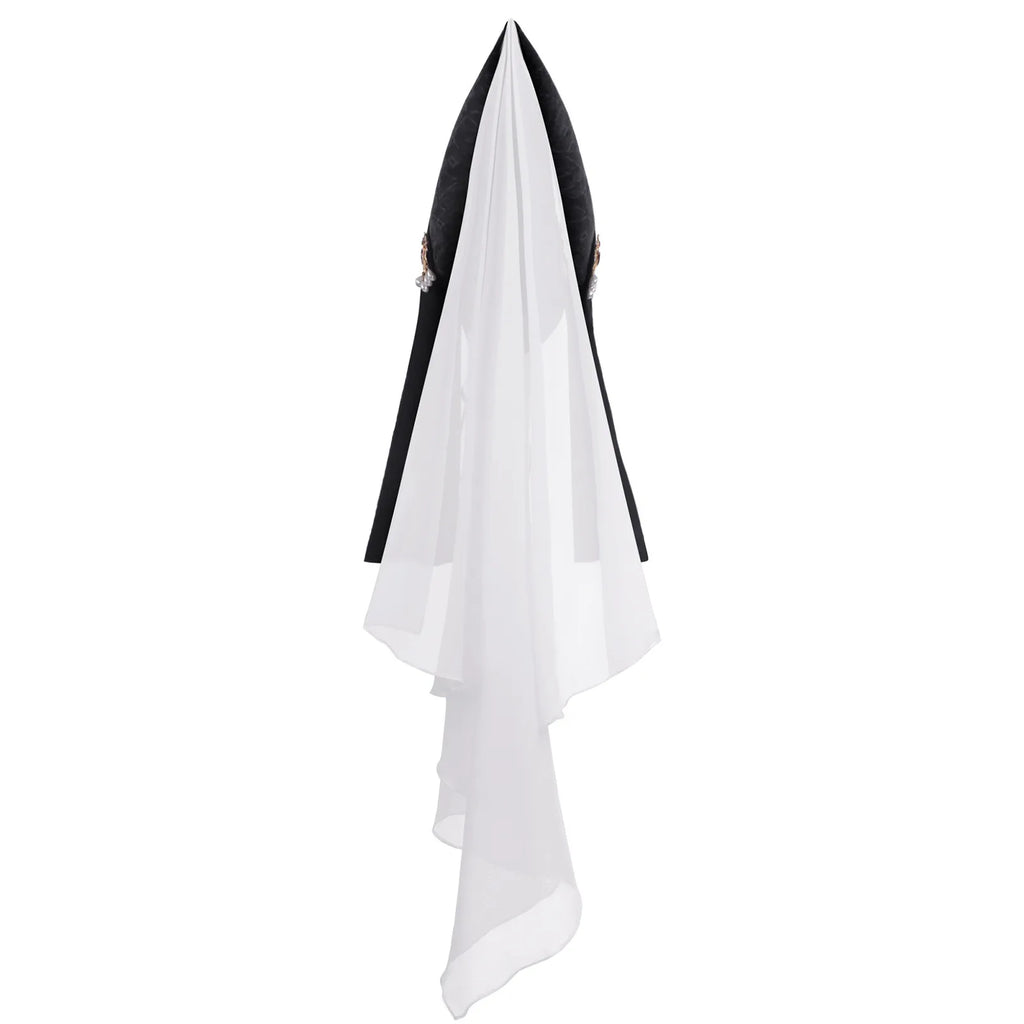 Vintage Gothic Pointed Witch Hat With Long Flowing White Chiffon Medieval Wizard Headwear Halloween Cosplay Costume Accessory