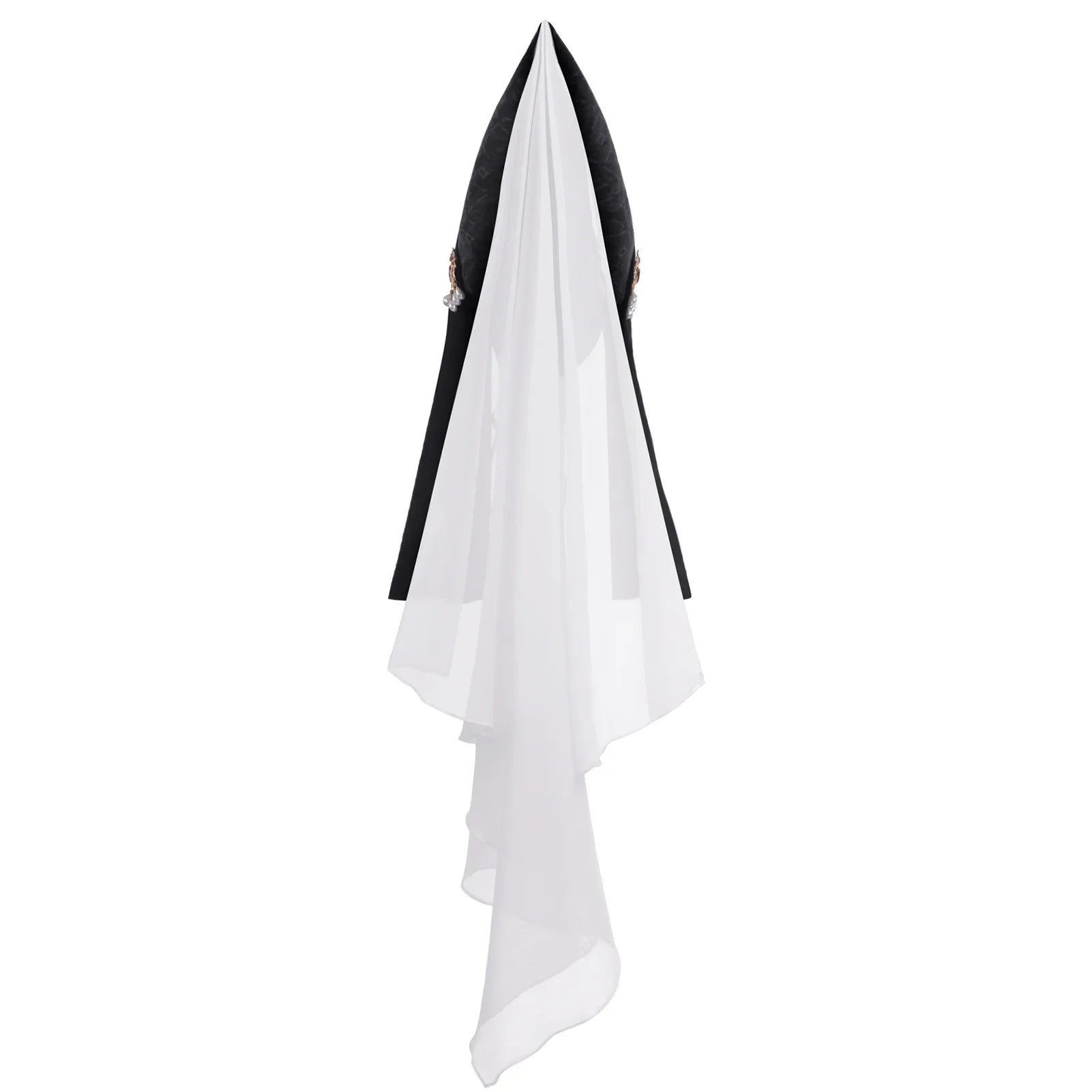 Vintage Gothic Pointed Witch Hat With Long Flowing White Chiffon Medieval Wizard Headwear Halloween Cosplay Costume Accessory